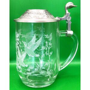 Vintage Etched Glass Beer Stein Tankard Lid Duck Goose Pond Scene Germany France